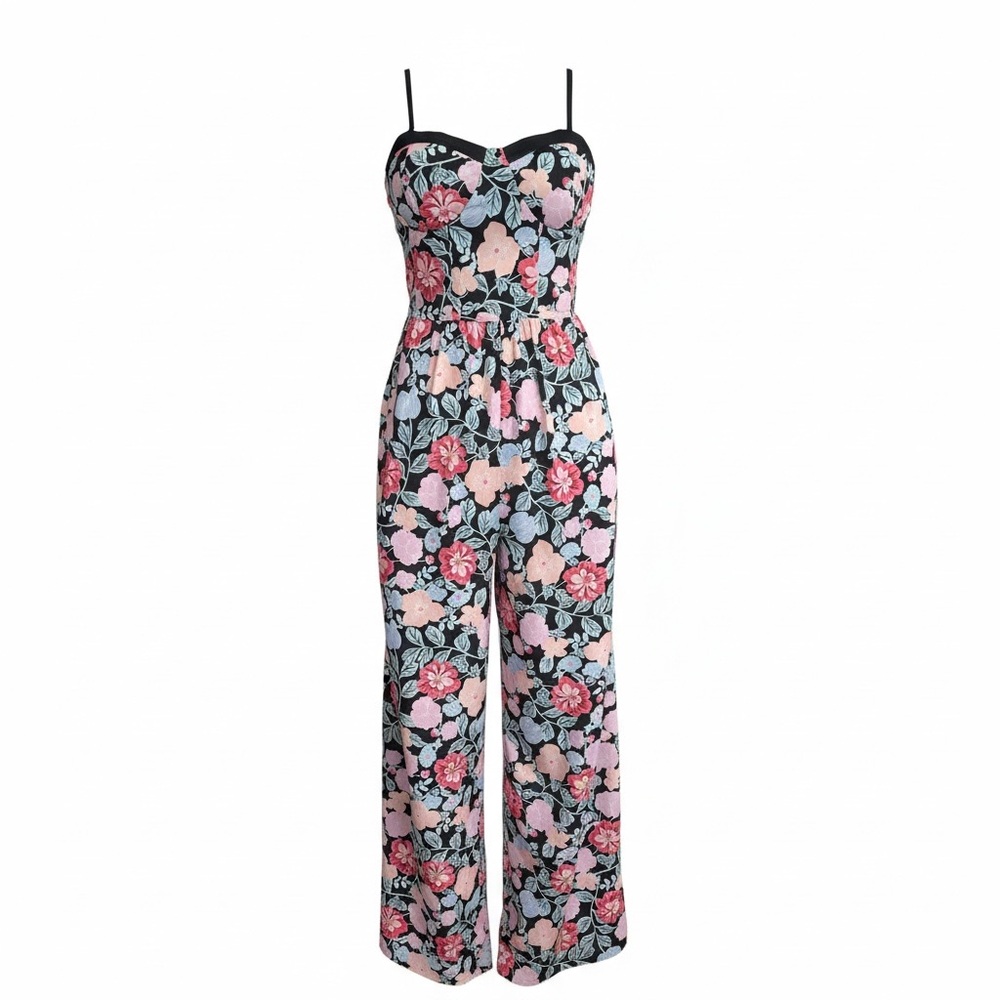 BOG Collections Black Floral Spaghetti Strap Wide Leg Jumpsuit Size Small Summer
